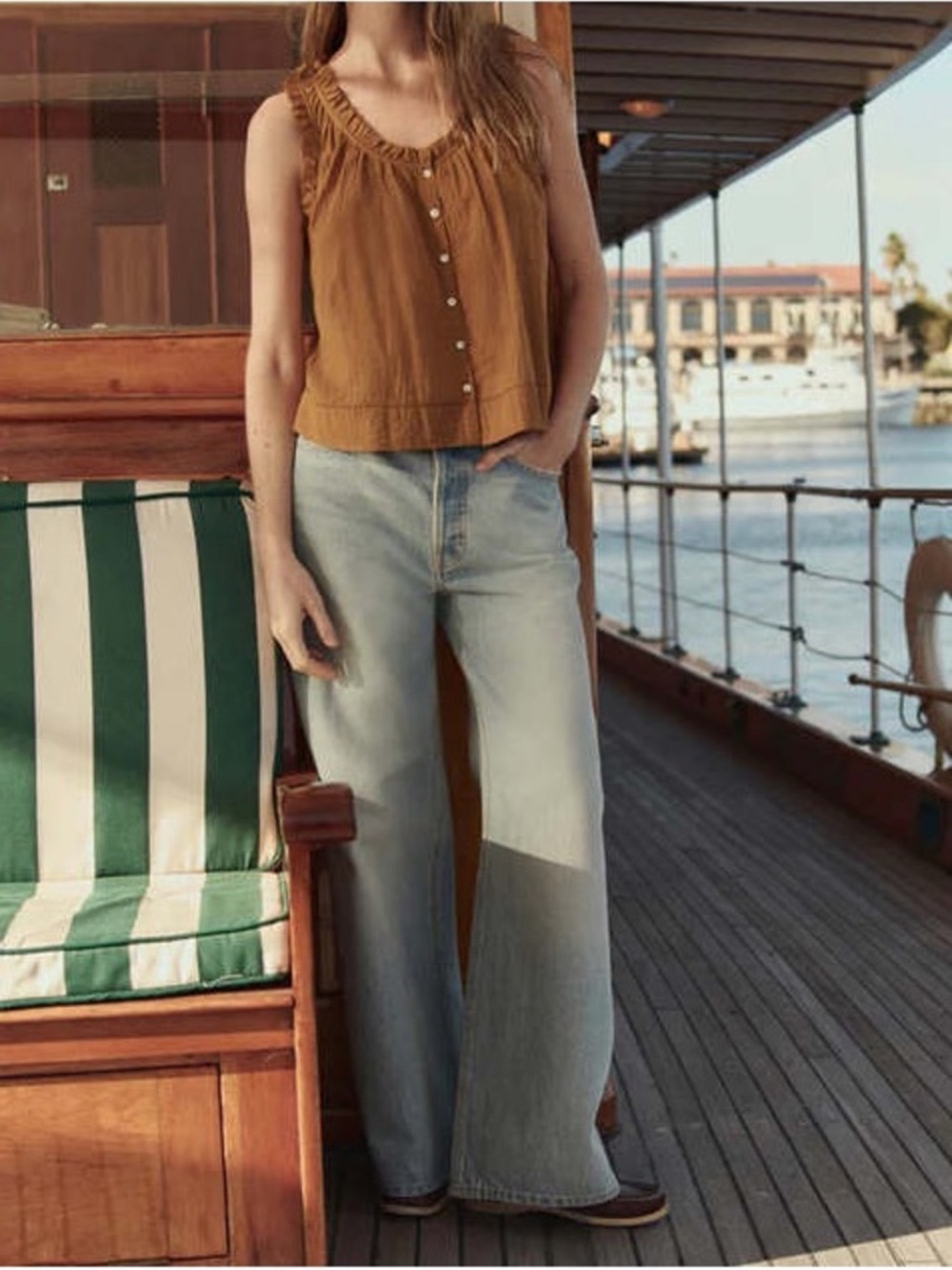 THE GREAT. Sleeveless Button-Front Ruffle Trim Top, Tank Top - Warm Caramel - Picture 2 of 12